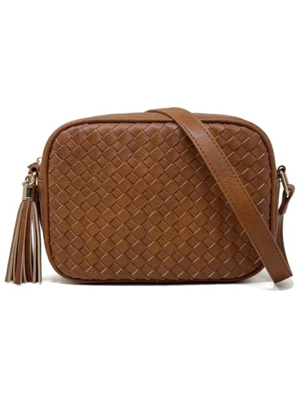 Small Woven Crossbody Bag Women Brown Boho Faux Leather Tassel Purse Zipper